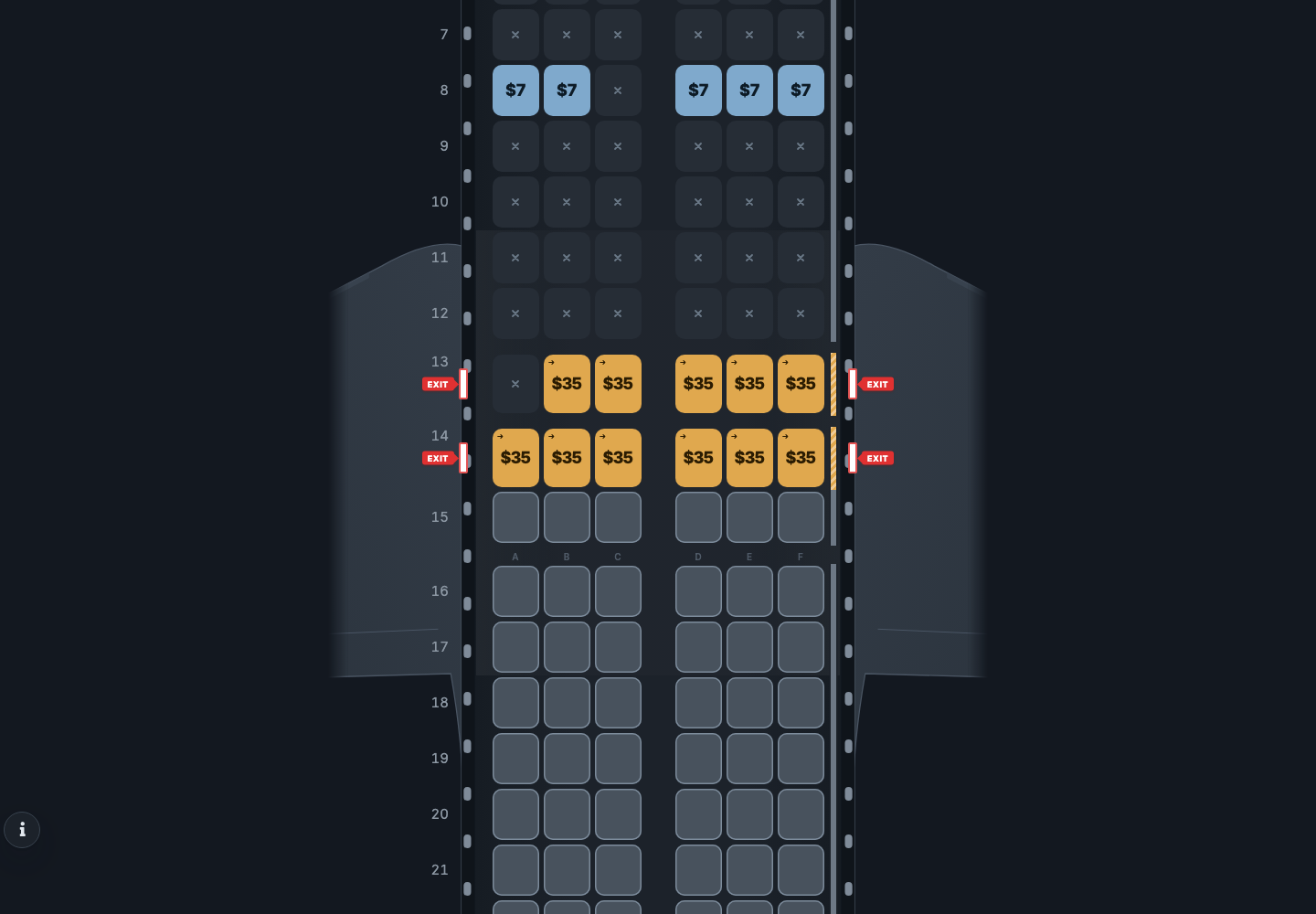 The seat selection page rendering a Boeing 737-800 cabin, with priced available seats, occupied seats, and exit rows drawn where they are on the real aircraft