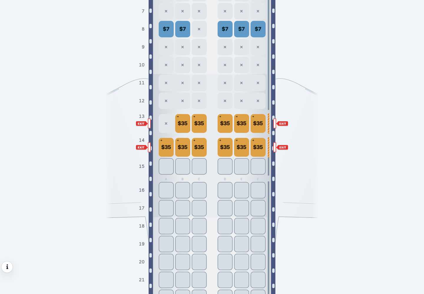 The seat selection page rendering a Boeing 737-800 cabin, with priced available seats, occupied seats, and exit rows drawn where they are on the real aircraft